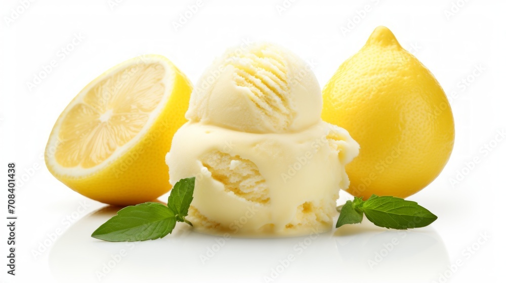 Poster close-up realistic photo of three scoops of tangy lemon sorbet on a white background generative ai