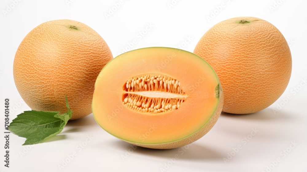 Poster close-up realistic photo showcasing three ripe, fragrant cantaloupes on a white background generativ