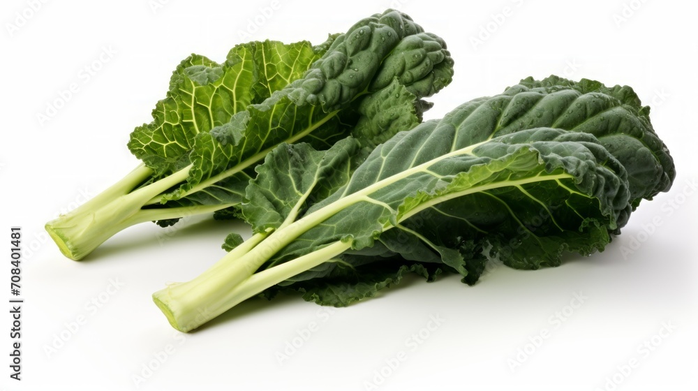 Aufkleber close-up realistic photo showcasing three vibrant green kale leaves on a white background generative
