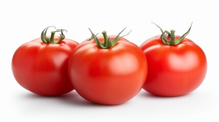 Close-up realistic photo of three plump, ripe tomatoes on a white background Generative AI