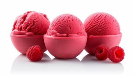 Close-up realistic photo of three scoops of raspberry sorbet on a white background Generative AI