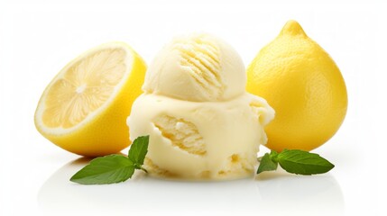 Close-up realistic photo of three scoops of tangy lemon sorbet on a white background Generative AI