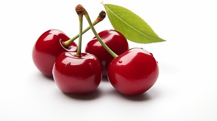 Close-up realistic photo of three sweet, ripe red cherries on a white background Generative AI