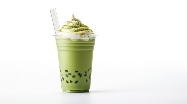 A delicious matcha latte served cold, surrounded by white space, Generative AI.