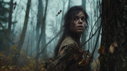 A distressed and frightened woman in tattered attire flees through a dark and foreboding forest