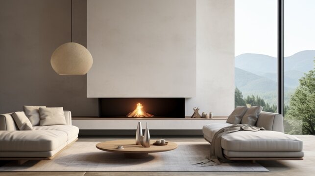Realistic photo of a minimalist living room featuring a suspended fireplace, clean lines, neutral colors, soft natural lighting, serene and uncluttered setting Generative AI