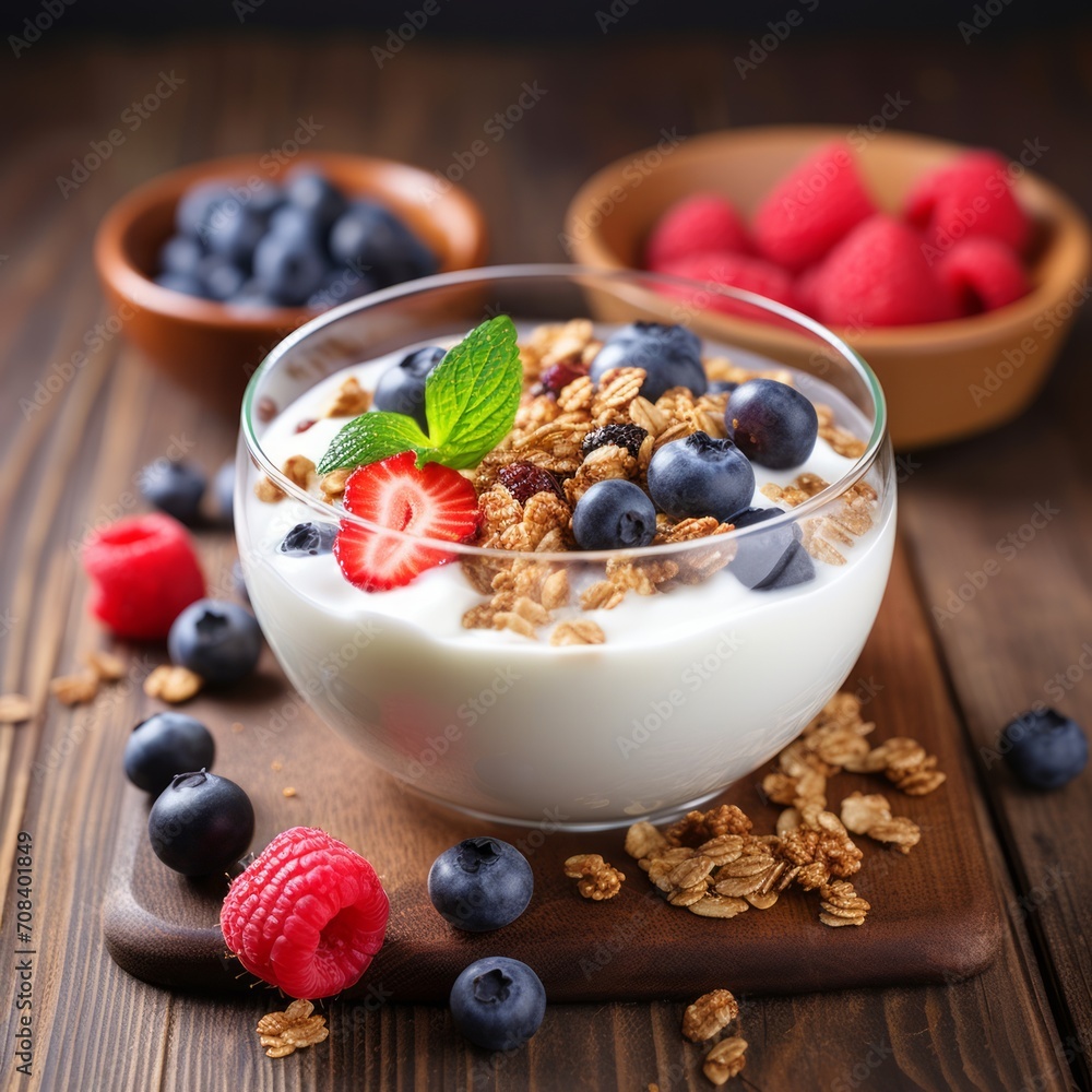 Poster stock image of a bowl of yogurt with granola and fresh berries, a nutritious and tasty breakfast opt