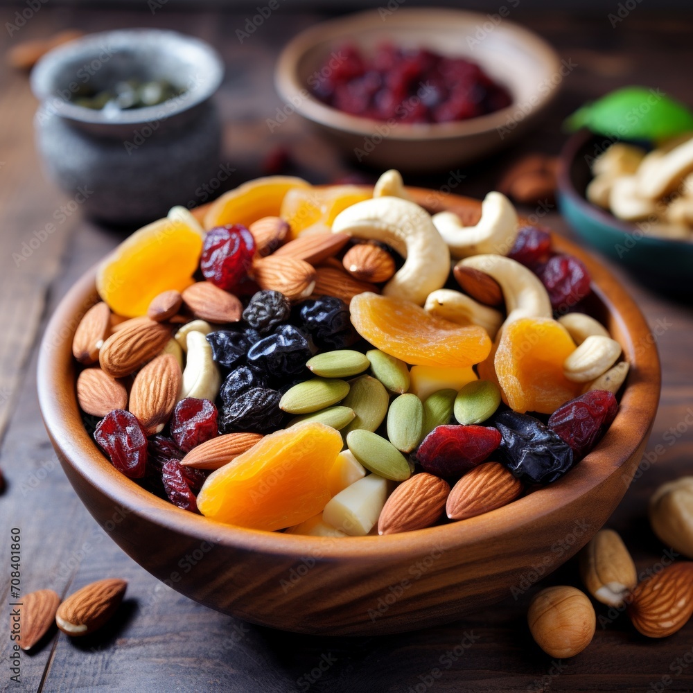 Poster stock image of a bowl of mixed nuts and dried fruits, healthy and energy-boosting snack generative a
