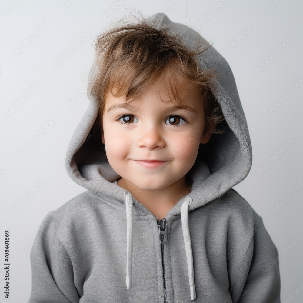Poster Stock image of a child in a hoodie against a plain white background Generative AI
