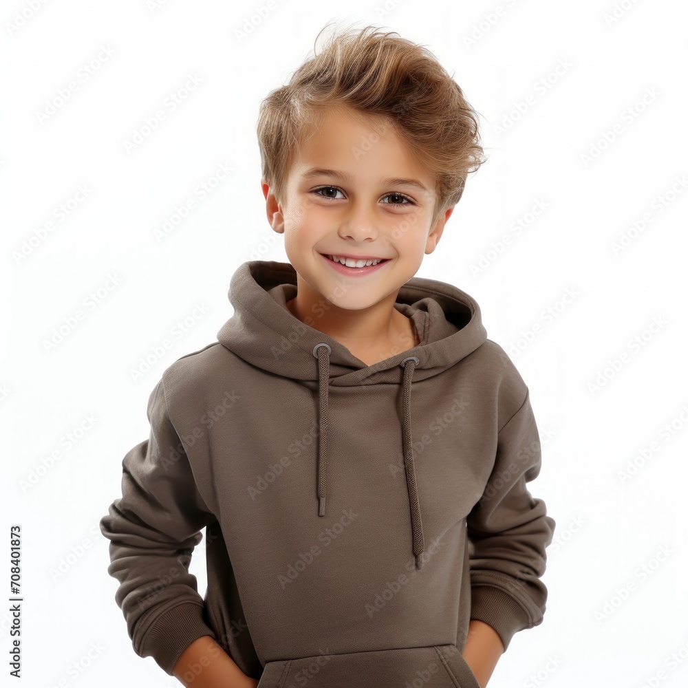 Poster stock image of a child in casual clothing on a plain white background generative ai
