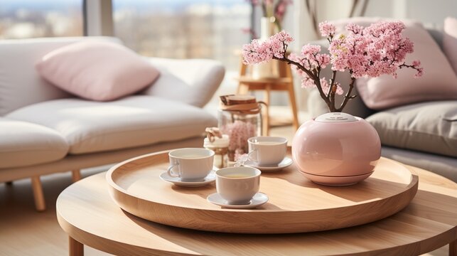 Elegant living room interior with pink blossom branches in vase on table