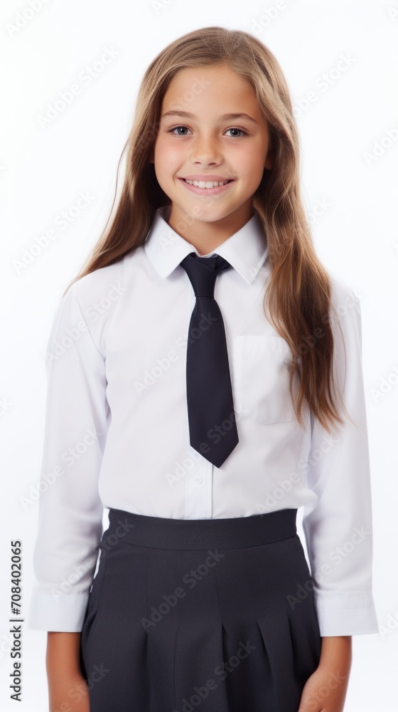 Poster stock image of a girl in a school uniform against a white background generative ai
