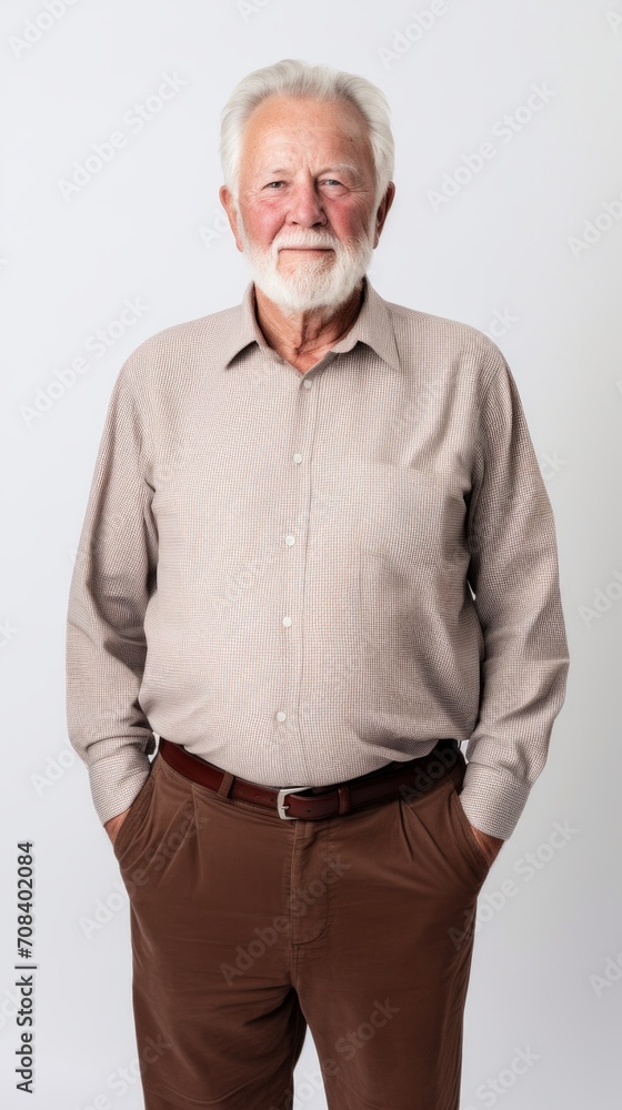 Poster stock image of a grandpa in a shirt and trousers on a plain white background generative ai