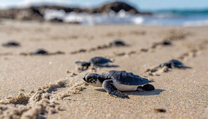 Sea turtle hatchlings on the sand beach get to the sea safely leaving