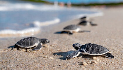 Sea turtle hatchlings on the sand beach get to the sea safely leaving