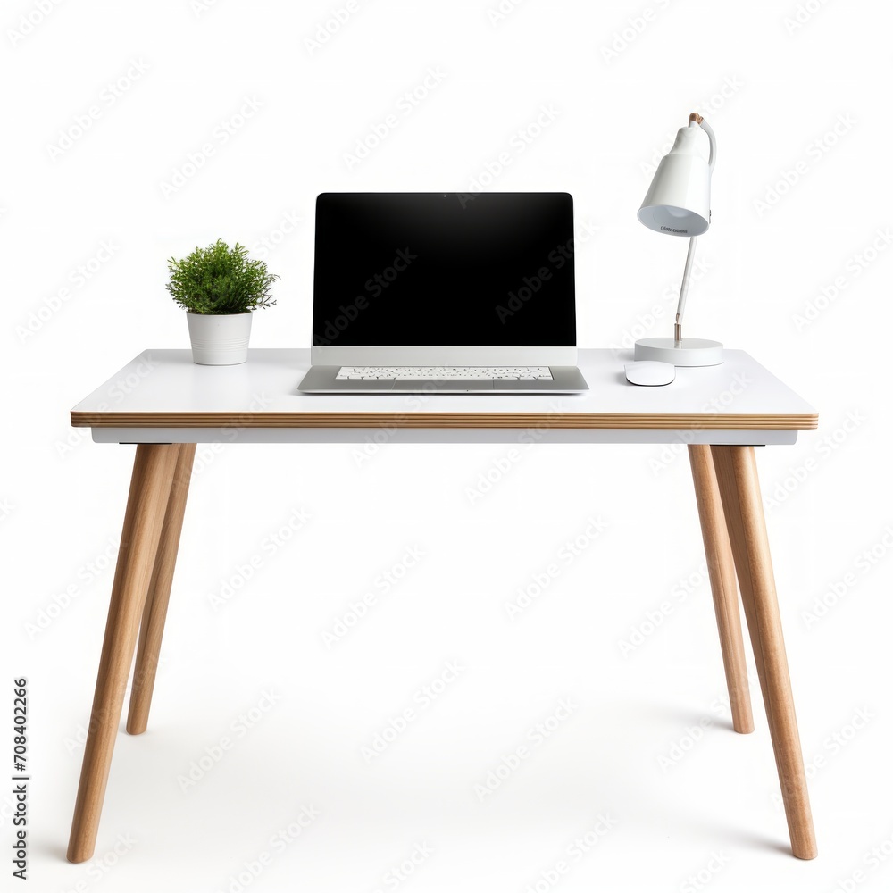 Poster Stock image of a minimalist computer desk on a white background, compact, efficient design Generative AI