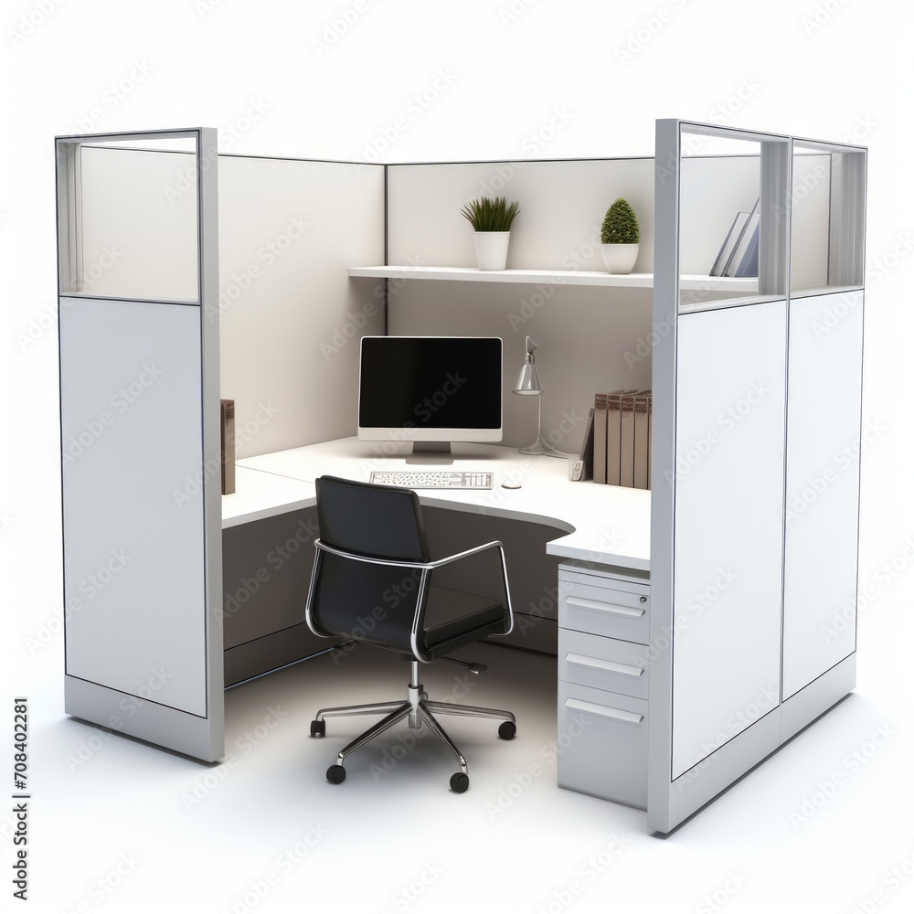 Poster stock image of a modular office cubicle on a white background, practical, customizable workspace gen