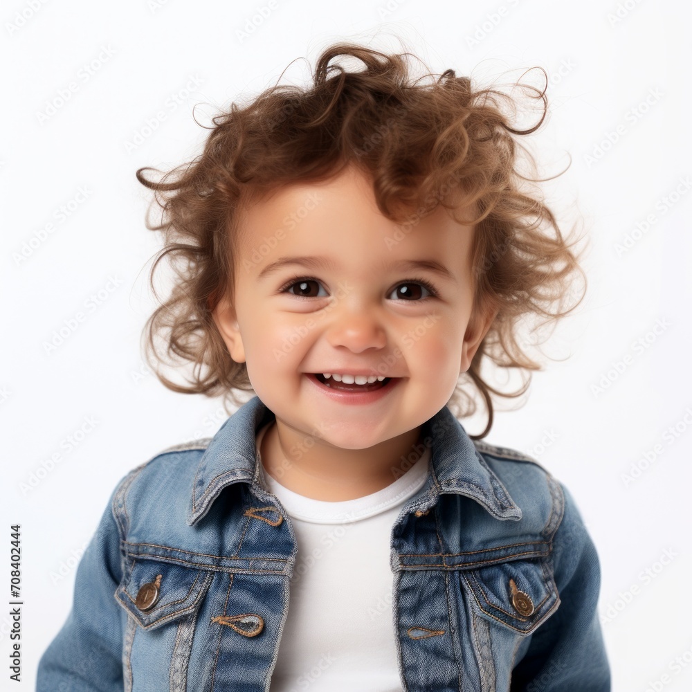 Poster Stock image of a toddler in a denim jacket against a plain white background Generative AI