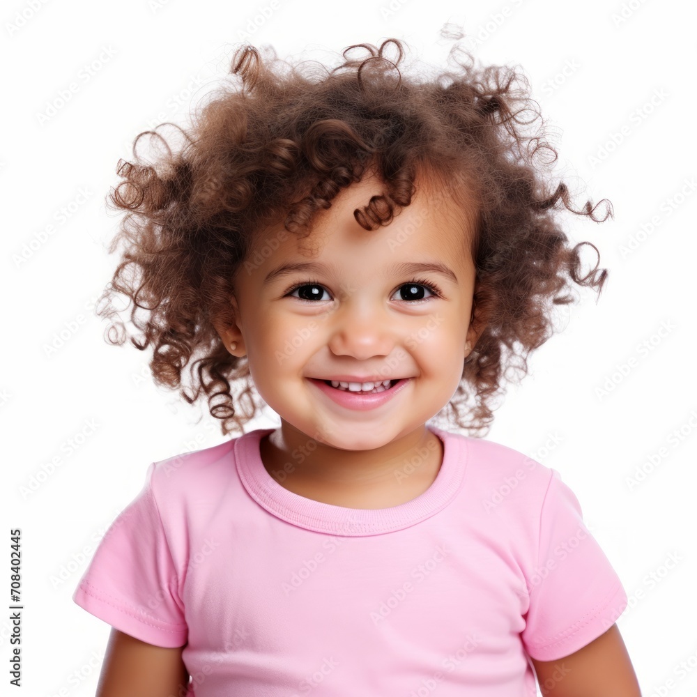 Poster stock image of a toddler in a pink shirt on a white background generative ai