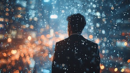 "Business Intelligence: A young businessman stands against a background of bokeh lights. It is a symbol of success and the vibrant energy of the business world.”