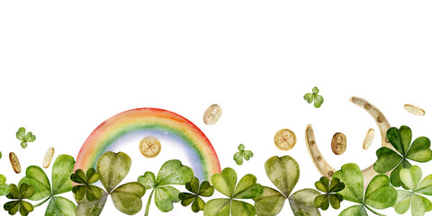 Watercolor hand drawn illustration, Saint Patrick holiday. Leprechaun gold coins rainbow, lucky clover and horseshoe. Seamless border. Isolated on white background. Invitations, print, website, cards.