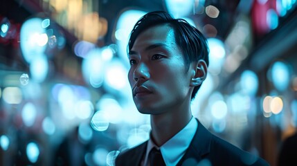 "Asian Business Brilliance: A young Asian businessman against a background of bokeh lights, symbolizing success and the vibrant energy of the business world."