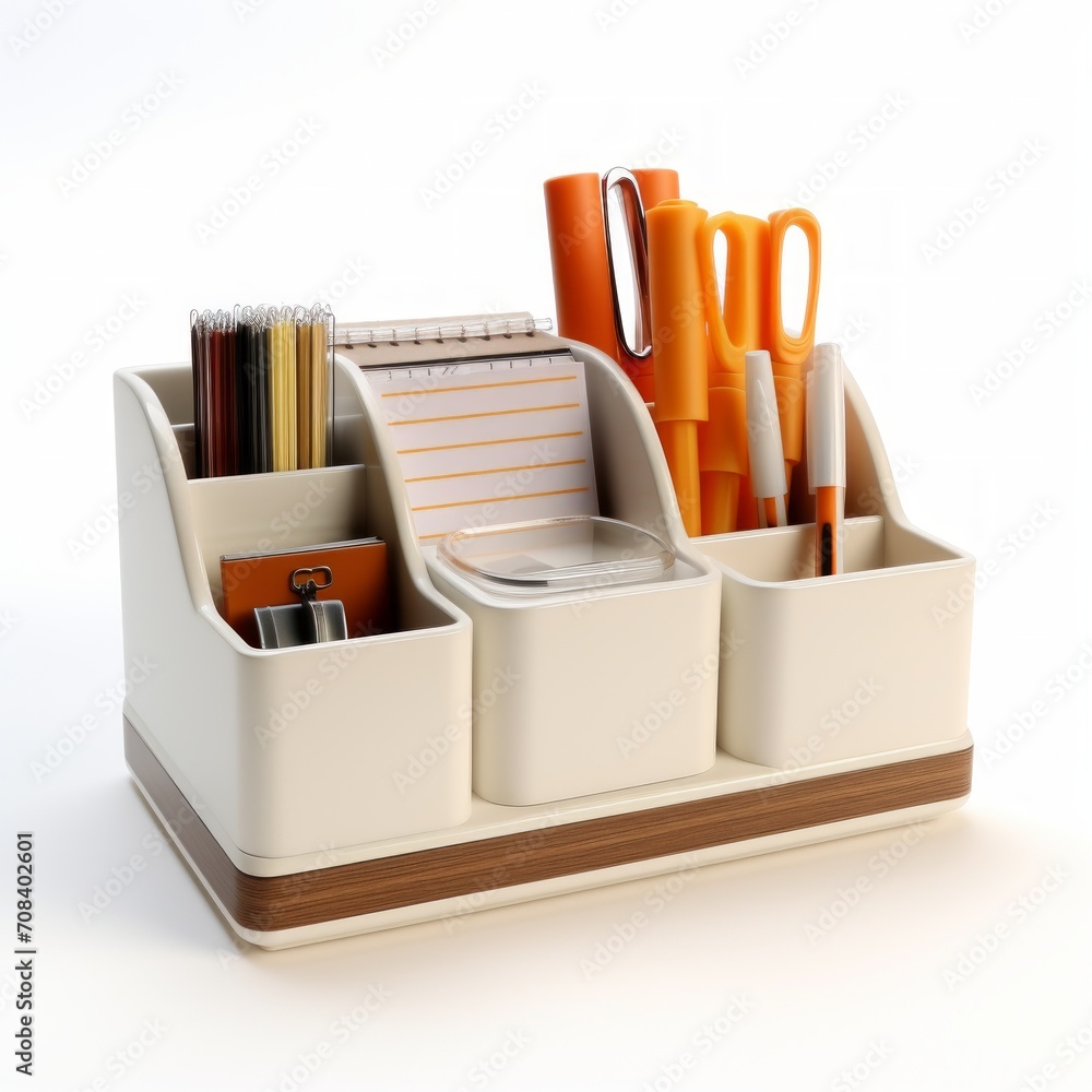 Poster stock image of an office desk organizer set on a white background, tidy, decluttering desk items gen