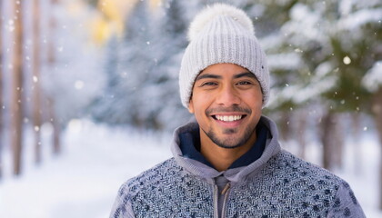  smiling man in knitted hat stands in snowy scene, winter