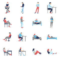 people in different sitting positions reading working writing male and female business, daily environment