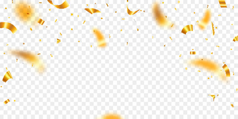 Celebration confetti vector. Shiny glossy gold paper pieces fly and scatter around. Best surprise burst for festive, carnival, casino, party, birthday and anniversary decoration. ads. etc. - obrazy, fototapety, plakaty
