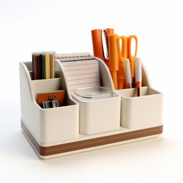 Stock image of an office desk organizer set on a white background, tidy, decluttering desk items Generative AI