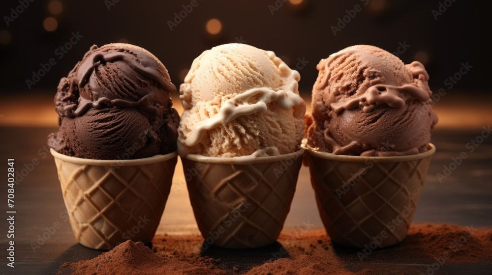 Poster three scoops of indulgent coffee-flavored ice cream showcased in a close-up realistic photo against 