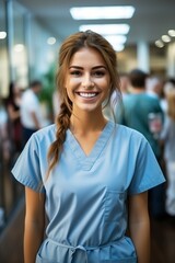 Portrait of a smiling young female nurse in a blue uniform