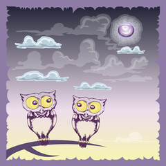 couple owl vetro illustration on dark blue of the night background