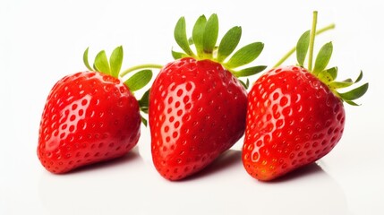 Three vibrant red strawberries captured in a close-up realistic photo against a white background Generative AI