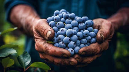 close-up of a man's hands holding a lot of blueberries, harvesting in the garden Generative AI - Powered by Adobe