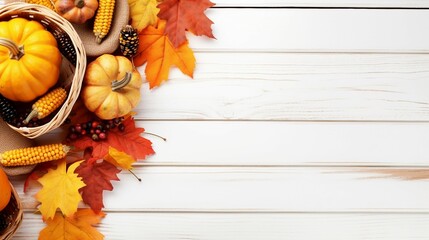 Thanksgiving Feast: Top-View Vertical Photo of Festive Dinner Table with Pumpkins, Raw Vegetables, and Rustic Decor on White Wooden Background - Autumn Celebration Concept