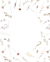 Frame with watercolor autumn wild flowers and leaves, Brown and beige wedding illustration