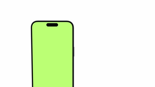 Mobile phone with blank green screen, front view, isolated on white background with alpha channel. 4K animation with camera track motion for presentation on mockup screen