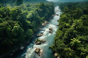 Painting illustration of a river flowing through a rainforest, captured from drone view