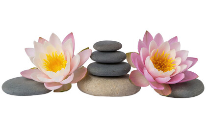 Fototapeta na wymiar Tranquil spa stones complement lotus blooms - isolated