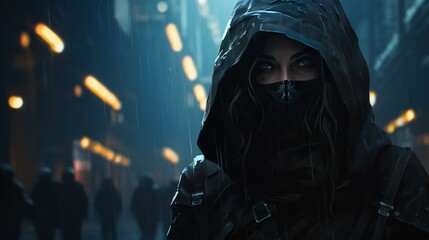 Futuristic mysterious female ninja cyberpunk AI generated image - obrazy, fototapety, plakaty