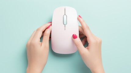 Top view of a hand using a wireless computer mouse for searching necessary information on an...