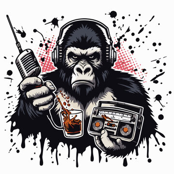 Ape listening music with drinking whiskey vector illustration