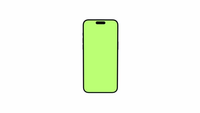 Mobile phone with blank green screen, front view, isolated on white background with alpha channel. 4K animation with camera track motion for presentation on mockup screen
