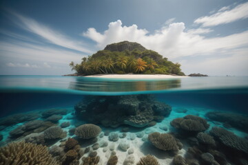 Fototapeta na wymiar Tropical island in the ocean with coral reefs and fish