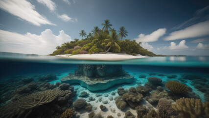  Tropical island in the ocean with coral reefs and fish