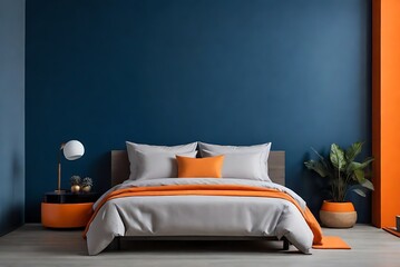 blue interior of a bedroom with orange blanket