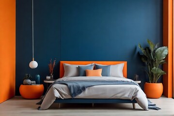 interior of a Bed against vibrant orange and blue wall