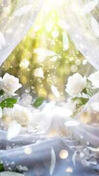 純白の薔薇の花束と羽のウエディングイメージのループ動画 縦長ビデオ